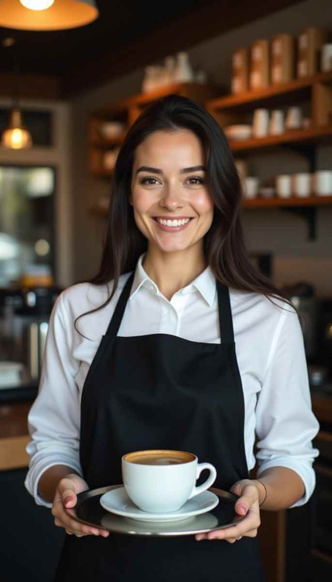 Бариста Нармин готовит капучино с латте-арт в CoffeBrew